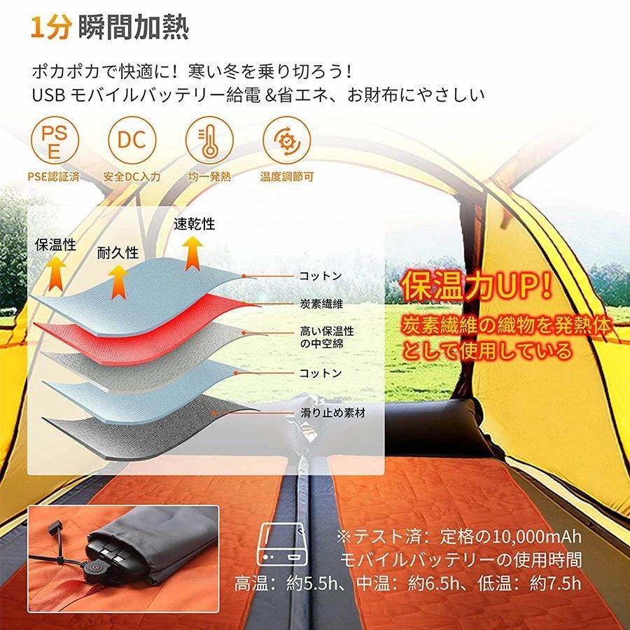 【2023令和最新版電熱寝袋＆4つヒーター】この電熱寝袋は従来のシュラフより、最新な加熱材質を採用され、もっと安全、熱伝導率も従来の炭素繊維素材より高い。電源入れて約15秒で急速発熱できるようになります。電気寝袋は足首（一つ）、脚部（一つ）、腰（一つ）、胸（一つ）に4つのところに加熱ヒーターを内蔵しています、保温防寒に大変役たつ！防災グッズにもおすすめ！【 3段階調温＆USB充電】3段階で温度調節可能です。低温段階：緑が点灯、温度約45℃、約7.5時間動作します。中温段階：青いが点灯、温度約55℃、約6.5時間動作します。高温段階：赤いが点灯、温度約65℃、5.5時間動作します。USB充電式で、家中、キャンプなどアウトドア活動で持ち運び便利です。また色により温度段階も一目で分かりやすくてボタンを押すと簡単に調温できます。【様々な寝袋適用&amp;柔らかい生地】【サーズ】約198cm×61cm、【重さ】約750g、表地：ポリエステル100％、中綿：ポリエステル100％、裏地：ポリエステル100％br>非常に柔らかいポリエステル生地を使用し、肌に優しくて 汗を発散させやしく、通気性保温性に優れています。【様々なシーン大活躍＆家庭汎用品】車中泊、自宅用、アウトドア、キャンプ、登山、防災、天体観測、釣り、花見など様々な場合で大活躍する電気マットです。山の中や車の中でも快適な睡眠をします。また750g軽量なので、震災など防災グッズ用、家に常備する汎用品としておすすめします。【丸洗いOK＆24時間内に安心な対応】最新版防水絶縁充電ケーブルを搭載、洗濯機で丸洗い可能になります。洗濯前に必ず充電ケーブルを側ポケットに入れます。洗濯後は自然に乾かしてからお使い頂けます。【プレゼントとして一番いい】愛する大切な方へ恋人や奥様、旦那様。愛する大切な方へ、体を労わるマッサージの贈り物。ご両親への感謝に！喜んでいただけますね！お世話になっている職場の方や友人へ、体のケアのプレゼントに！【長期安心保証】当店からご購入場合、12ヶ月間日本国内安心保証が付き、品質向上と不良率を低下させるには常に努めておりますが、商品不良率をゼロにすることができかねます。万が一商品不具合のようでしたら、販売店にメールにてお気軽にご連絡ください。必ず最善を尽くし、保証サービスをご対応いたします。お客様にご満足頂けるよう精一杯努力いたします！キーワード：発熱マット 電熱マット 寝袋用 ホットマット ヒーターマット 寒さ対策 3段温度調整 5つヒーター 均一加熱 保温防寒 抗菌防臭 アウトドア キャンプ 登山 車中泊 防災 自宅 丸洗い可能 電気マット 秋冬使用 防寒 収納袋付き コンパクト 軽量 【送料無料＆一年保証】