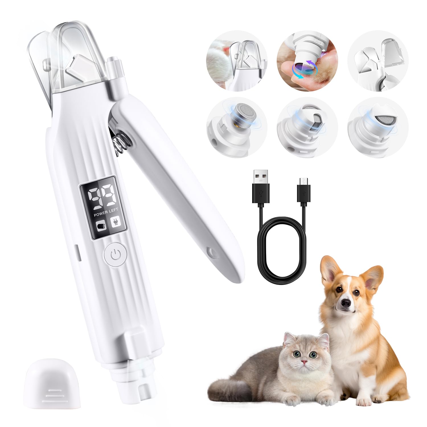 犬用猫用 ペット爪やすり 切りすぎ防止 LEDディスプレイ 高輝度LEDライト コンパクト 電動爪トリマー 安全 高速回転 爪研ぎ器 怪