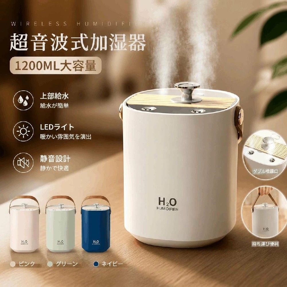 ご使用前の準備フィルターは使用しているうちに汚れが発生したり、噴霧量が減ってきます。清潔にご使用いただくために、本フィルターを定期的に交換してください。初めてお使いの際は、吸水芯を水に浸み込ませてください。1、バネとフィルターを入れる2、フィルターパイプをフタに取り付ける3、フタを取り付ける基本仕様材質：ABS+PC+PPサイズ：117×125×158mm重量：約220g電源：USB給電式消費電力(約)：5W加湿能力(約)：：40〜80ml/hタンク容量(約)：1200ml推奨面積(約)：6〜10畳