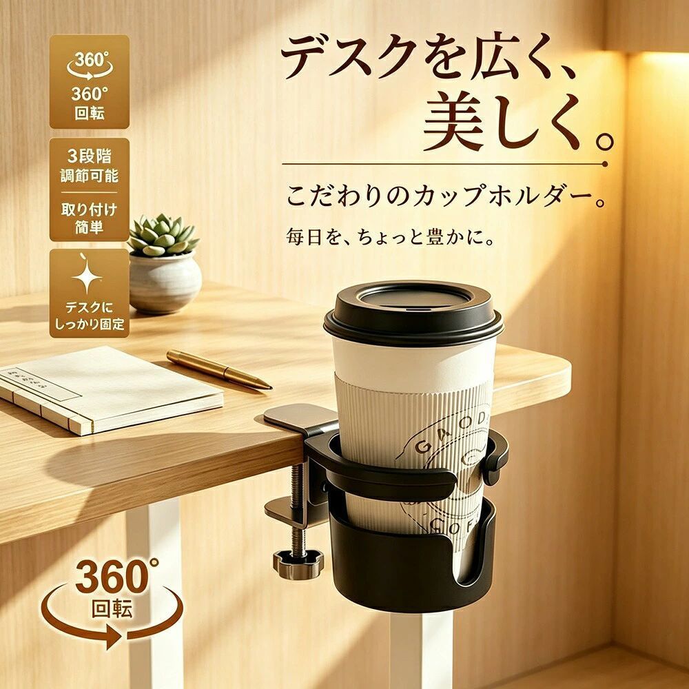 商品名デスクサイドカップホルダー ドリンクホルダー 机 デスク クランプ式 回転式 180度回転 こぼれ防止 穴あけ不要 錆びにくい 水筒ホルダー 収納ホルダー スペース節約 ブラック関連キーワード（商品の説明ではありません）ドリンクホルダー デスク ドリンクホルダー 机 デスク ドリンクホルダー 錆びにくい 穴あけ不要 回転式 こぼれ防止 クランプ式 カップホルダー 水筒ホルダー デスクサイド用商品説明daysunnyがお届けするデスクサイドカップホルダー（ドリンクホルダー）です。机やテーブルの端にクランプ式で簡単に取り付けられ、穴あけ不要。180度回転可能で、使用時は手元に、使用後は机の下に収納できます。こぼれ防止設計で飲み物をしっかり固定。錆びにくい素材を使用しており、長くご使用いただけます。製品情報製品名：デザイン性の高いテーブルサイドカップホルダー / ドリンクホルダー外径：112mm内径：92mmサイズ：詳細は上図参照（スタッフ実測）カラー：ブラック取り付け方式：クランプ式（穴あけ不要）回転機能：180度回転可能特徴：こぼれ防止、収納可能、スペース節約主な特長クランプ式＆穴あけ不要：工具を使わずに簡単取り付け。机やテーブルを傷めません。180度回転：使用時は手元に回し、使用後は机の下に収納。スペースを有効活用できます。こぼれ防止設計：カップやボトルをしっかりホールドし、飲み物のこぼれを防ぎます。錆びにくい素材：耐久性が高く、長期間使用しても錆びにくい仕様。デスクサイド用：オフィスデスク、在宅ワークの机、学習机、サイドテーブルに最適。幅広い対応サイズ：内径92mmで、ペットボトル、缶コーヒー、水筒、タンブラーなどに対応。収納ホルダーとして：使用しないときはコンパクトに収納可能。おすすめ用途オフィスデスク、在宅勤務テレワーク環境、自宅の学習机勉強机、リビングのサイドテーブル、ベッドサイドテーブル、キッチンカウンター、工場作業台取り付け可能な場所厚みのある机の天板（クランプ固定式）、テーブル端、デスクサイドご注意事項製品更新により、予告なくデザインや色が若干変わる場合がございます。撮影や画質の関係上、色などが実際の商品と若干異なる場合があります。サイズはスタッフによる平置き実測のため、1〜3cmの誤差が生じる場合がございます。更新のタイミングによっては実在庫に相違が出る場合がございます。ご不明な点がございましたら、メールまたはお問い合わせフォームよりご連絡ください。この商品は、daysunnyが厳選したデスクアクセサリーです。デスク周りの整理整頓と快適な作業環境づくりにぜひお役立てください。