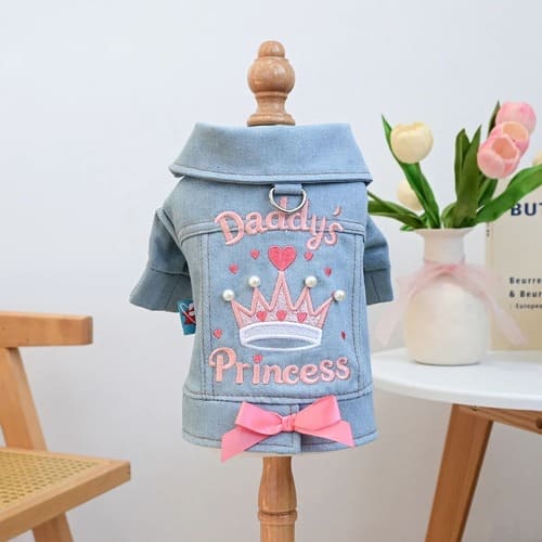 犬服デニムジャケットプリンセス刺繍リボン冬おしゃれ小型犬犬猫用ウェアGジャン女の子可愛いドッグウェアカジュアルイベント刺繍撮影会アウタープレゼントライトブルーハーネス散歩春秋着せやすい大きいサイズ送料無料