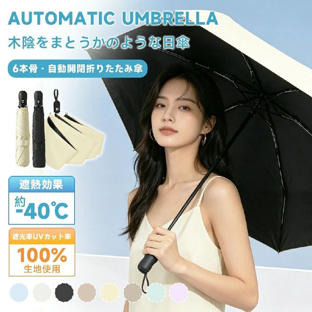 商品名日傘 折りたたみ 完全 遮光 晴雨兼用 軽量商品説明【コンパクト、軽量、頑丈】折りたたみ傘は、最先端の軽量で丈夫なグラスファイバーとアルミ合金の骨組みを採用し、軽量性、コンパクトさ、頑丈さを実現！ 通勤通学、旅行、ハイキング、スポーツなど、あらゆるシーンで幅広く利用でき、老若男女問わず幅広い世代の方々にご利用いただけます！ 【完全遮光＆日焼け止め】高密度傘生地と厚い黒ノリコーティングを採用して、UPF50+、UVカット率100％、完全遮光、効果的に日焼け止めすることができます。真夏の強い日差しを遮り、紫外線からしっかり肌を守り、日焼け防止、熱い日差しの中でも涼しく過ごせます。 【晴雨兼用＆超撥水性】最新型380 T防水織物生地を採用し、特別な加工により、出色の撥水性能を実現しました。使用後に軽く振るだけで傘が乾きます。また、内側は多層コーティング処理が施されており、紫外線を効果的にカットしますので、日よけとしてもご利用いただけます。 【ワンタッチ自動開閉】片手でサッと使える自動開閉機能を搭載。ボタンひとつで「開く」も「閉じる」も完了するため、荷物が多い時や車の乗り降り、電車の乗降時にもスムーズに扱えます。傘の開閉に手間取らないので、雨の日のストレスを大幅に軽減します。 【強風にも強い丈夫なフレーム】折りたたみ傘 軽量丈夫な構造で、強風時でも安心。高強度骨組みで反り返っても元通り。晴雨兼用 折りたたみ傘として、毎日の通勤お出かけの頼れる相棒になります。 本製品は晴雨兼用傘ですが、日傘としてのご使用を主としております。サイズ弧：105cm直径：93cm本体重量約210gカラー8カラー選べる材質傘布：30D NC布(ナイロン生地に特殊コーティング) 傘骨：アルミニウム合金＋ガラス繊維（グラスファイバー）傘骨6本骨