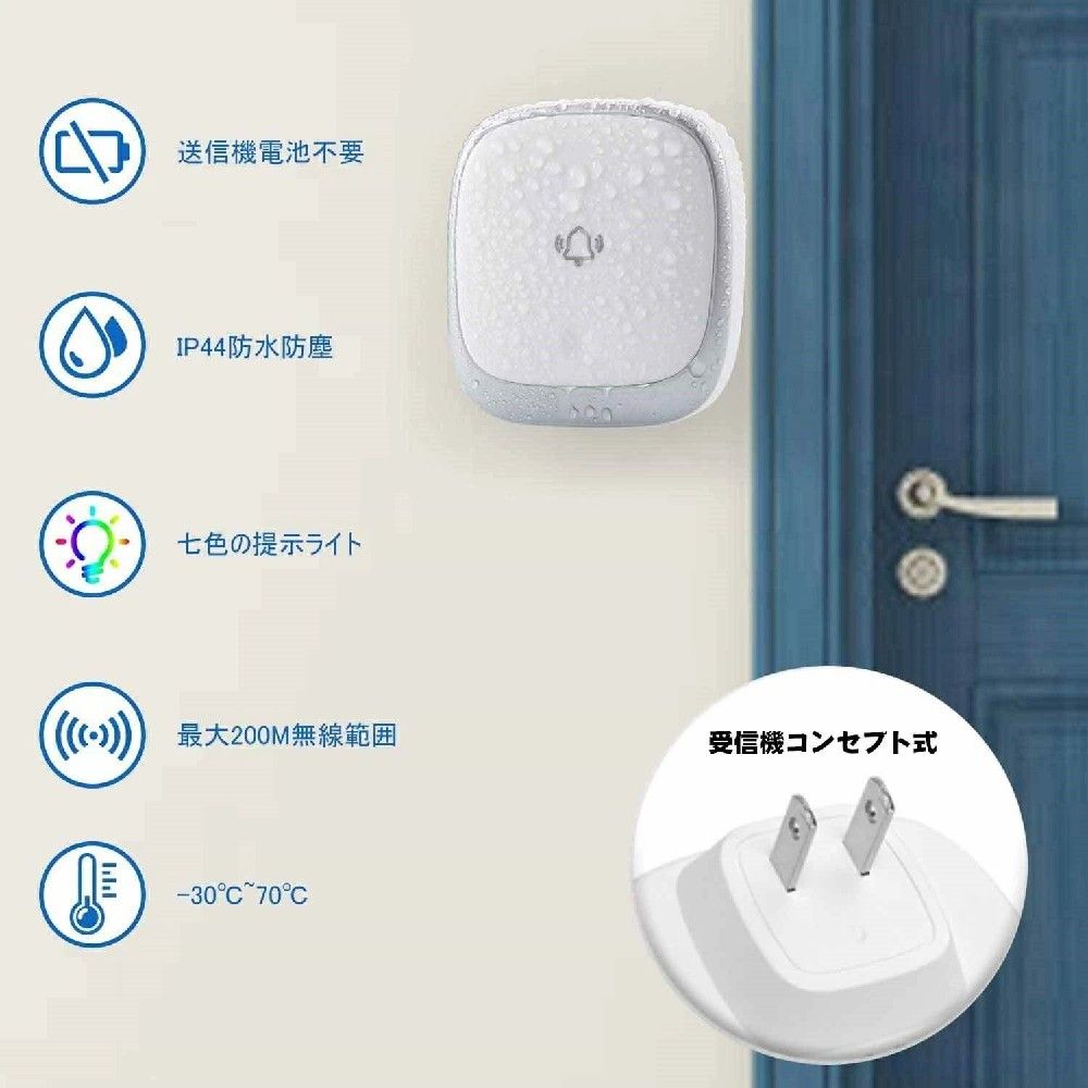WORLD TEACHのLEDライト付き 呼び出しチャイムセット 壁 ドアベル 電池不要 自発電 ドアフォン 工事不要 ドアチャ インターホン 玄関｜アングル3