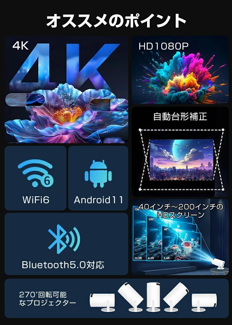 フォーカス Bluetooth5.0 スピーカー内蔵 4K対応 1080P ホームプロジェクター プロ...