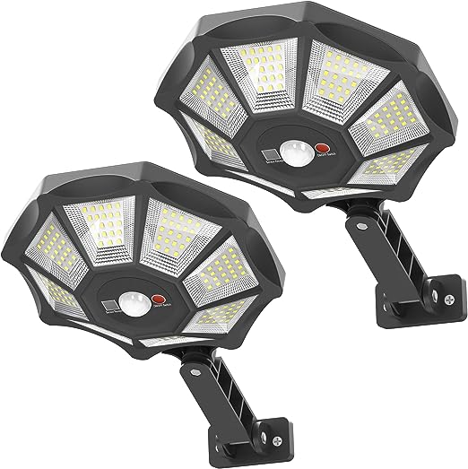 【168個の高輝度のLED電球・超広角照明】ソーラーライトは168個のLED高輝度の電球を搭載し、高変換率のソーラーパネルを採用しています。太陽光の変換率は25%に達します。ソーラーパネルの外観は八角形に設計されており、8つのパネルによって光の照射範囲が広がり、超広角照明を実現しています。 【モーションセンサー・省エネ・0電気代】ソーラー街灯には光線センサーとレーダーモーションセンサーが内蔵されています。夜に検出されると自動的に点灯し、昼に検出されると自動的にオフになります。夜間に動体を検出すると自動的に点灯し、3種類のスマートモードが備わっています。（リモコンでモード切り替え可能です）。電気代も節約できますし、点灯のニーズにも対応できます。 【取り付け簡単・角度調整可能】太陽光灯は電線やコンセントが不要なので、付属のネジを使って自由に取り付けることができます。設置高さは2〜3メートルが推奨されています。（ヒント：取り付ける前にスイッチを入れてください）。この街灯には角度を調整できる場所が2つあり、必要な角度に合わせて調整することができます。ネジを締め付けると非常に安定します。 【幅広い用途・耐久性に優れ】太陽光パネルランプはABS材料とIP 66防水等級材料を使用し、耐熱性と耐寒性を大幅に向上させています。灰が入る心配もなく、濡れる心配もないため、どんな悪天候にも耐えることができます。停電や地震、台風の災害時でも照明機能を維持することができます。LED街灯は庭園、廊下、入り口、軒、ベランダなどの屋外エリアに適しており、都市、公園、駐車場、工場など、さまざまな場所に使用できます。