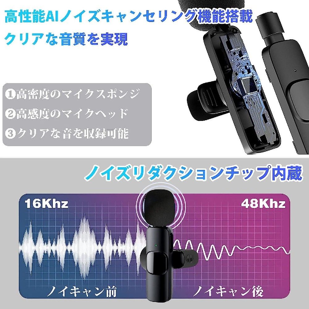 WORLD TEACHのピンマイク スマホ マイク 2人用 ワイヤレス iphone iPad iphone用 Type-C端末専用 typec type-c ワイヤレスマイク 無線マイク スマホ用マイク パソコン ラベリアマイク 小型マイク クリップ式 ノイキャン 小型ビデオマイク 集音器 収音 噪音減らし｜アングル3