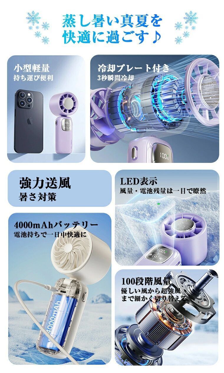 WORLD TEACHの4000mAh 小型 首かけ 100段階風量 おしゃれ USB充電式 冷却プレート ミニサイズ ハンディ 携帯扇風機 手持ち扇風機 ハンディ 冷｜アングル3
