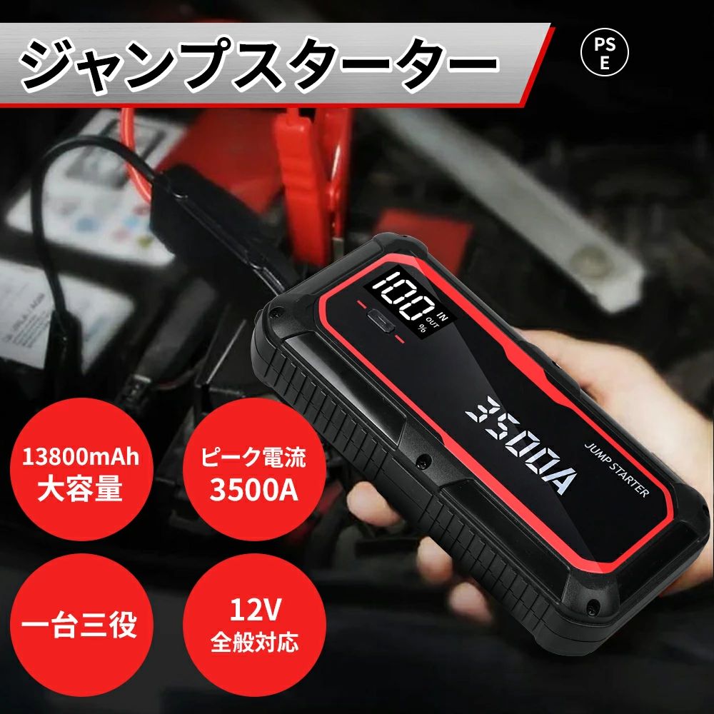 【商品仕様】スマートバッテリークリップ×1 データケーブル×1 収納バッグ×1 日本語説明書×1 -サイズ：168*85*35mm - 重量：390g - 容量：138000mAh - 入力：USB-C(5V - 2A) - 完全充満時間：約3時間 - 出力：5V - 2.4A;12V自動車起動 - 起動電流：500A - ピーク電流：3500A - 使用温度範囲：-20°C~ 60°C ※3.0L自動車を20回連続で始動可能【商品詳細】【高出力対応】60C三元リチウム電池コアを搭載しました。高出力かつ安定したパワーを発揮します。瞬間的な大電流供給が可能なため、寒冷地や大型車両でも確実にエンジンを始動できます。従来モデル比150%の出力アップを実現しました。 ※充電完了後、6〜12ヶ月間保管可能です。 【照明機能】革新的な照明機能を搭載した当製品は、1Wの高輝度LEDライトを内蔵し、常灯?SOS信号?ストロボの3モードを切替可能。スマートフォンの操作性を彷彿とさせる直感的な操作感で、緊急時でも簡単に使えます。防災時はSOSモードで救助要請が可能、夜間作業時はストロボ機能で周囲への注意喚起ができるなど、様々なシーンに対応した多機能ライトです。 【8つの保護機能】短絡、過電流、逆接続、逆充電、過充電、過放電、過電圧、温度保護で安全安心です。 【電子製品充電可能】この電子製品は、スマートフォンやタブレットをはじめ、ゲーム機?デジタルカメラ?スマートウォッチ?イヤホンなど、様々なデバイスの充電が可能です。USBポートを搭載しており、外出先でも手軽に機器を充電できます。 【電子ディスプレイ付き】電子ディスプレイ搭載のジャンプスターターは、充電量や入力/出力電圧をリアルタイムで視覚的に確認可能。直感的なアイコン表示とバックライト機能により、暗所でもはっきりと情報を把握できます。緊急時でも冷静な判断が求められる場面で、確実な動作状態を確認できるプロ仕様の設計です。 【動作温度-20°~60°】このジャンプスターターは-20°Cから60°Cまでの広い温度範囲で安定動作する耐環境設計です。寒冷地の冬から炎天下の夏まで、あらゆる気候条件下で確実に車両を始動できます。 【12V車両専用設計】12V車両専用設計の高性能ジャンプスターターは、コンパクトなボディながら最大2000Aの高出力を実現。軽自動車から大型SUVまで、幅広い車種に対応しています。【使い方】1.スマートクランプをジャンプスターターに差し込みます。赤と緑のランプが交互に点滅していることを確認してください。 2.クランプをバッテリーに正しく接続します。赤いクランプ：バッテリーの（＋）端子に接続します。黒いクランプ：バッテリーの（−）端子に接続します。 3.ランプの状態を確認： 赤と緑のランプが交互点滅：待機中です。 緑ランプが点灯：正しく接続されています。エンジンを始動できます。 赤ランプが点灯＋音が鳴る：プラスとマイナスが逆です。接続し直してください。 赤ランプが点灯：30秒後自動で電源が切れます。再接続して緑ランプが点灯を確認してください。 4.エンジンを始動：キーを「START」位置に回してエンジンをかけてください。 5.エンジンがかかったら、以下の順番でクランプを外します： 1. 黒いクランプ 2.赤いクランプ 3.本体からクランプを抜く【ご注意】※リチウムイオン電池は真夏の車内など高温になる場所に放置するのは危険ですので、絶対にしないようにしてください。 ※少し弱っている車載バッテリーの電圧を補助するものであり、完全に劣化したバッテリーに対してジャンプスタート機能は使えません。 ※色がある場合、モニターの発色の具合によって実際のものと色が異なる場合がある。 ご承知くださいますようお願い申し上げます。【関連キーワード】ジャンプスターター モバイルバッテリー 12V 13800mAh 3500A エンジンスターター バッテリー上がり バイクバッテリー 大容量 非常用電源 充電器 携帯 スマホ スマートフォン スマートウォッチ タブレット ゲーム機 デジタルカメラ イヤホン 車載USB5V/9V/12V 収納バッグ付 Type-C 車用 最大電流1200A 応急 ポータブル充電器 防災グッズ 防災用品 スマホ急速充電 小型軽量 LED応急ライト 高出力対応 電子ディスプレイ付き 照明機能 PSE認証 8つの保護機能 電子製品充電可能 動作温度-20°~60°高級車 一般乗用車 自動車 軽自動車 カー用品 車用 軽量 小型 災害 防災セット 防災グッズ 防災 防災用品 防災対策 備蓄 サブバッテリー アウトドア サバイバルグッズ 車中泊グッズ 大容量 軽量 コンパクト アンドロイド イヤホン急速充電 急速充電器 タイプb 小さい 超軽量 充電器 台風 グッズ 台風対策 防災グッズ 持ち込み PSE認証済 緊急用必携品 敬老の日 お歳暮 2025最新版 ギフトLED残量表示 旅行/出張 メーカー希望小売価格はメーカーサイトに基づいて掲載しています