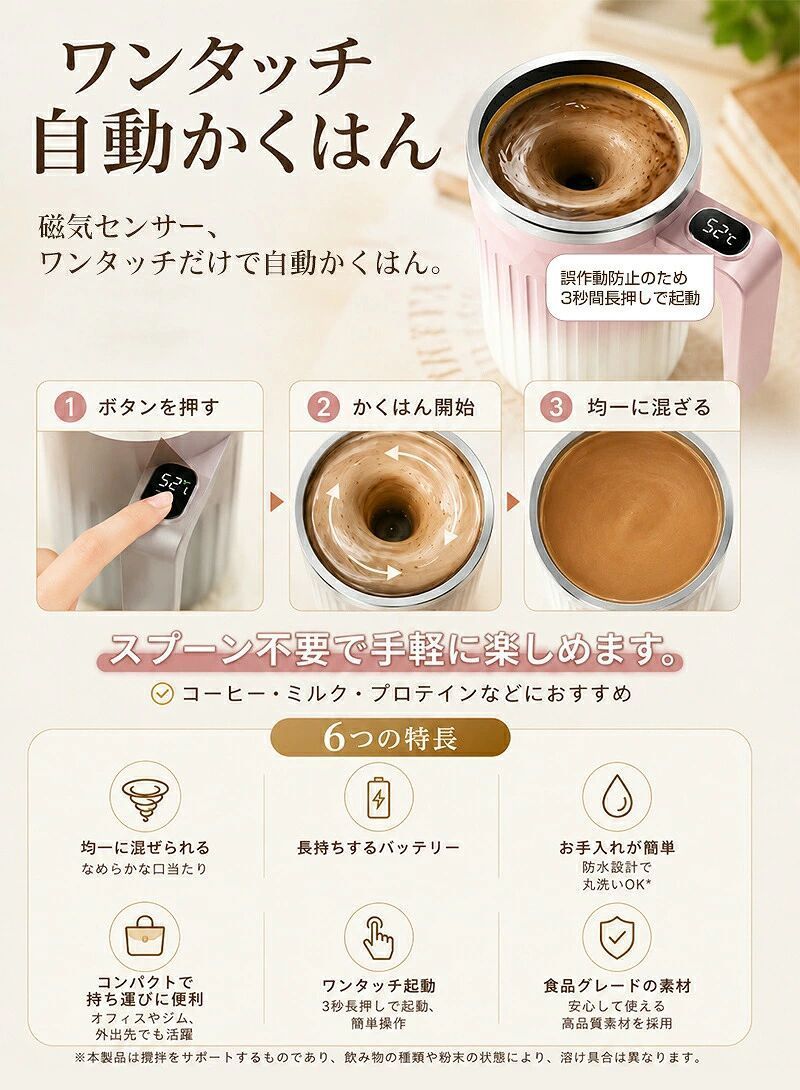 WORLD TEACHの電動 ドリンクシェーカー ストーロー付き 温度表示 電動シェイカー プロテイン 450mL 自動攪拌マグカップ ドリンクミキサー コーヒーカップ usb充電 コードレス ミキサー 粉末飲料 パウダードリンク 自動かき混ぜ水筒 おしゃれ かわいい 持ち運び 父の日 プレゼント｜アングル3