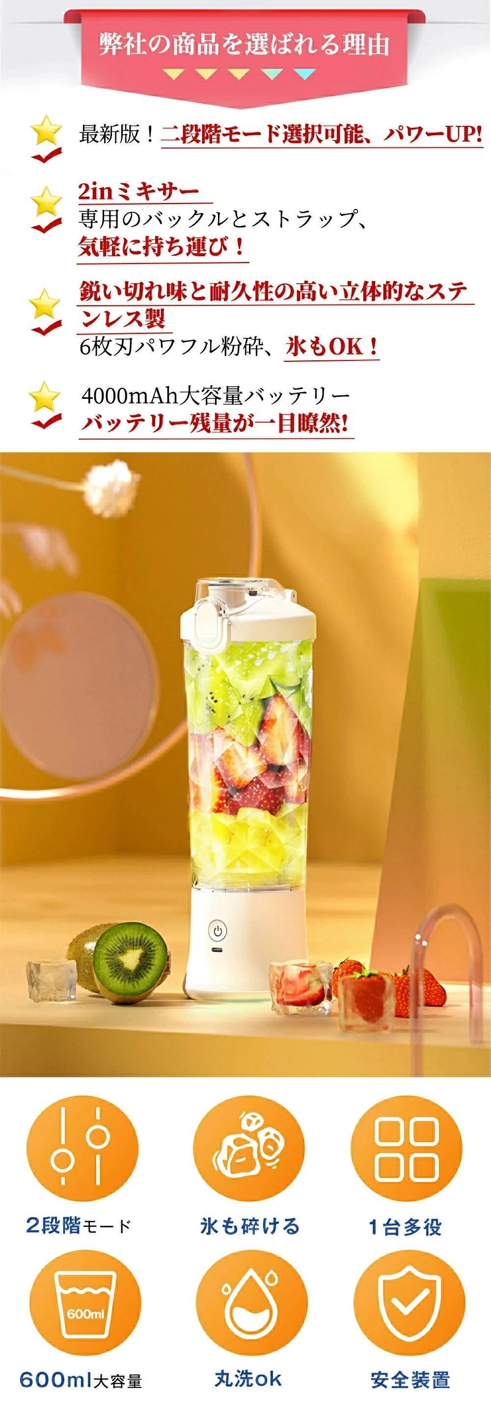 WORLD TEACHの「新登場」ミキサー 氷も砕ける ミキサー 洗い やすい【2段階モード】【丸洗い可】600ml ジューサー ジューサーミキサー 持ち運び ミキサー スムージーミキサー 大容量 ミキサー 小型 おしゃれ コンパクト コードレス USB充電 プレゼント｜アングル3