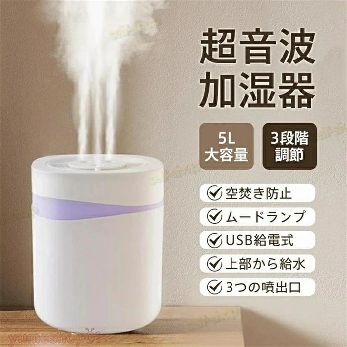 【2026新登場】 卓上加湿器 超音波加湿器 大容量5L 上部給水 自動湿度調整 3段階加湿調節 USB給電 空気清浄 自動停止 空焚き防止 静音省エネ お手入れ簡単 LEDライト 小型 シンプル おしゃれ ホワイト 床置き/オフィス/部屋/美肌/乾燥/ウィルス/風邪対策 ギフト プレゼント