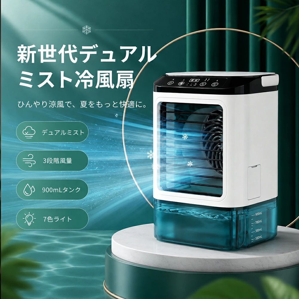 商品情報仕樣仕樣型番：F06質量：約1kgサイズ：約16.5*16.5*24cm定格電圧：DV 5V/2A消費電力：8Wタンク容量：900mlおすすめポイント★1台4役！パワフル冷風＆潤い＆空気ケアで年中快適クールダウン！ミストの力で体感温度を約-12℃も下げるひんやり冷風はもちろん、送風、加湿、空気浄化までこなす驚きの多機能性！最大風量7m/sのパワフルな風と、1L大容量タンク＆2段階ミストで、夏の暑さも冬の乾燥もこれ一台にお任せ。お部屋の空気を一年中快適に保ちます。★電気代を気にせずリラックス！静音＆省エネ設計で快眠＆集中をサポート！エアコンよりも消費電力を抑えた省エネ設計で、電気代の心配を軽減。さらに、睡眠中や作業中でも気にならない静音設計と長寿命なブラシレスモーターを採用しました。心地よい冷風とマイナスイオン、そして自動OFFタイマーとLEDライトが、あなたのリラックスタイムや快眠を優しくサポートします。★シンプル操作で使いやすい！選べる風量＆ミスト、便利な機能満載！お好みに合わせて3段階の風量と2段階のミストモードを簡単に設定できます。氷水を使えばさらにひんやり感アップ！給水しやすい1L大容量タンクや、設定消し忘れを防ぐ自動OFF機能、お部屋を彩るLEDライトなど、毎日使うのが楽しくなる便利な機能が満載です。関連キーワード冷風機 冷風扇 小型 卓上 強力 冷風器 空気循環 省エネ 静音 クールミストファン DCモーター 水冷式ファン 3段階風量 加湿機能 冷却機能 空気清浄 ミニクーラー スポットクーラー ポータブルクーラー 熱中症対策 日本語説明書付 冷風扇 冷風機 扇風機 サーキュレーター 加湿器 空気清浄機 送風機 クーラー ミストミスト機能 加湿機能 空気清浄機能 マイナスイオン イオン機能 4WAY 1台4役 多機能 風量 3段階 ミスト 2段階 自動OFF タイマー タイマー付き 1リットル 大容量タンク LEDライト ライト付き 最大風量7m/s 氷水対応 冷却 体感温度低下 省エネ 節電 静音 静か ブラシレスモーター パワフル 送風 涼しい ひんやり 冷たい 風 潤い 乾燥対策 空気きれい 快適 快眠 安眠 リラックス 電気代お得 熱中症対策 猛暑対策 クーラー病対策 換気 リビング 寝室 キッチン 脱衣所 子供部屋 オフィス デスク 卓上 スポット クーラー 夏の暑さ対策 梅雨時期 コンパクト スリム デザイン家電 シンプル おしゃれ 父の日 母の日 ギフト プレゼント冷風機 ポータブルクーラー 小型 冷風扇 卓上 ミニ冷風機 ポータブルエアコン 卓上冷風機 3段階 熱中症対策 水溶性アロマ対応 大容量 1L 水タンク タッチスクリーン 送風 加湿 冷却 7色LED 熱中症対策 車中泊 オフィス 寝室 自宅用 冷風扇風機 卓上クーラー スポットクーラー 省エネサーキュレーター 防カビ 霧化式 フィルター 氷いれ可能 空気清浄機能 1台多役 商品名卓上冷風機仕樣型番：F06質量：約1kgサイズ：約16.5*16.5*24cm定格電圧：DV 5V/2A消費電力：8Wタンク容量：900mlおすすめポイント★1台4役！パワフル冷風＆潤い＆空気ケアで年中快適クールダウン！ミストの力で体感温度を約-12℃も下げるひんやり冷風はもちろん、送風、加湿、空気浄化までこなす驚きの多機能性！最大風量7m/sのパワフルな風と、1L大容量タンク＆2段階ミストで、夏の暑さも冬の乾燥もこれ一台にお任せ。お部屋の空気を一年中快適に保ちます。★電気代を気にせずリラックス！静音＆省エネ設計で快眠＆集中をサポート！エアコンよりも消費電力を抑えた省エネ設計で、電気代の心配を軽減。さらに、睡眠中や作業中でも気にならない静音設計と長寿命なブラシレスモーターを採用しました。心地よい冷風とマイナスイオン、そして自動OFFタイマーとLEDライトが、あなたのリラックスタイムや快眠を優しくサポートします。★シンプル操作で使いやすい！選べる風量＆ミスト、便利な機能満載！お好みに合わせて3段階の風量と2段階のミストモードを簡単に設定できます。氷水を使えばさらにひんやり感アップ！給水しやすい1L大容量タンクや、設定消し忘れを防ぐ自動OFF機能、お部屋を彩るLEDライトなど、毎日使うのが楽しくなる便利な機能が満載です。 5