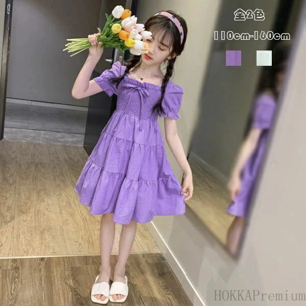 韓国子供服 夏ワンピ ワンピース パープル グリーン おしゃれ キッズ 女の子 ワンピー 半袖 結婚式 パ..