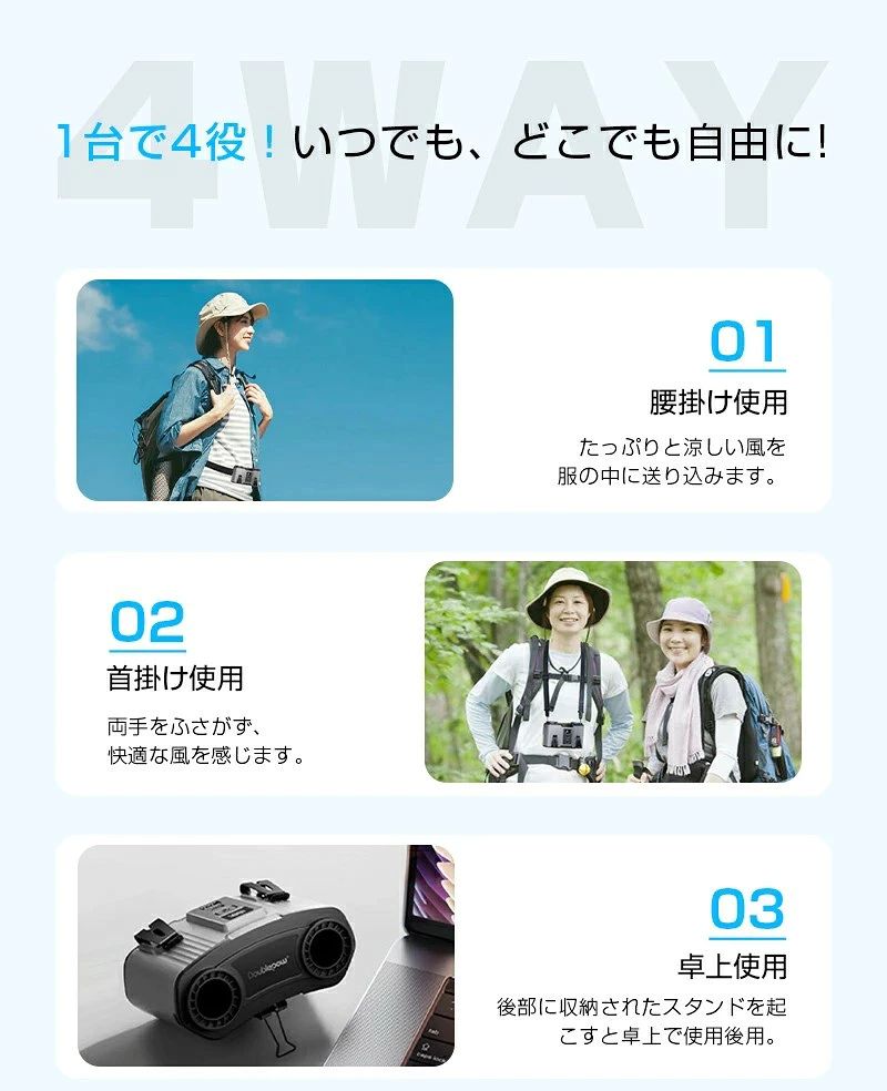 腰掛け扇風機 ベルトファン 二重風腰掛けファン ポータブルファン 多機能 首かけ 腰かけ 首掛け ハンズフリー 2in1充電・送風 24000mAh パワーバンク 強力 双風口 10段階風量 冷風 小型 パワフル 80h連続稼働 USB 軽量 静音 省エネ 暑さ対策 熱中症対策