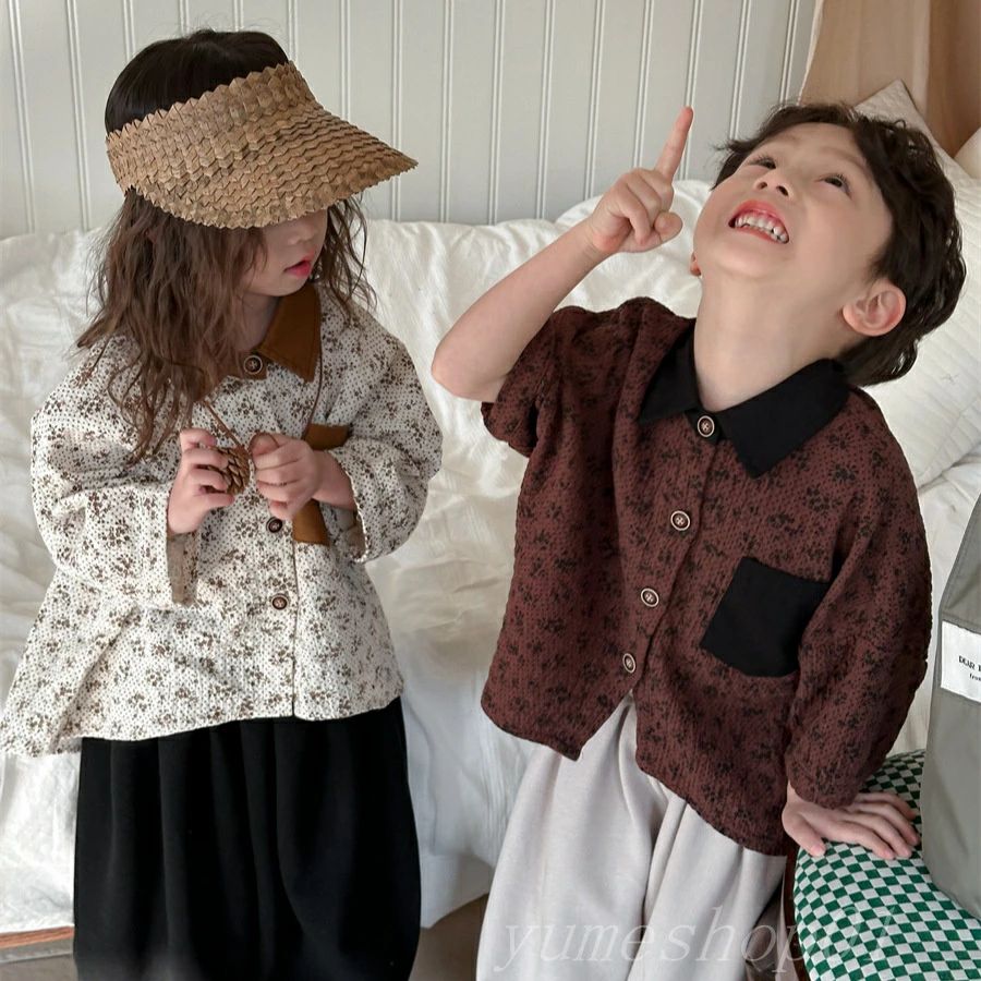 【15%offクーポン配布中！ 子供の春の新作?麻の花の八分袖のシャツの男女の赤ちゃんの森のカーデギャン