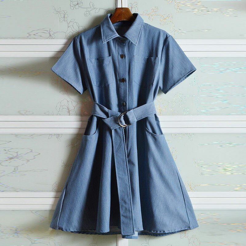 デニムワンピース ベルト付き ポケット付き 半袖ワンピース レディース 膝丈 着痩せ でかけ オフィス 普段着 通勤 カジュアル 日常デート 上品 送料無料