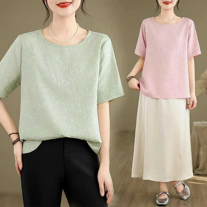 Garments - Tシャツ レディース 半袖 夏 花柄 ジャガード tシャツ クルーネック カットソー ラウンドネック トップス 大きいサイズ ゆったり 体型カバー 着痩せ シンプル かわいい きれいめ カジュアル 大人可愛い ブルー ピンク 送料無料