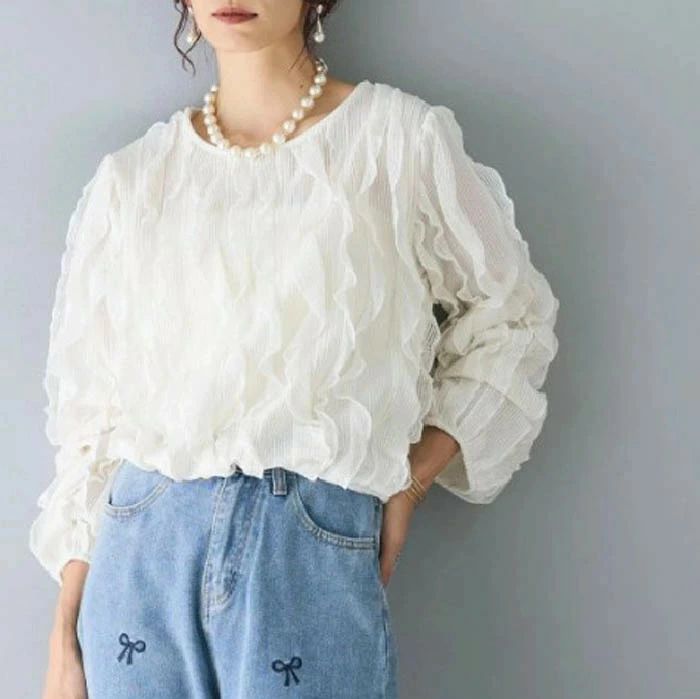 Tシャツ レディース 長袖 フリル 切り替え 無地 トップス ブラウス カットソー デザイン Tシャツ 春 秋 きれいめ カットソー ボリューム感 ゆったり 可愛い お洒落 着回し抜群 カジュアル 体型カバー