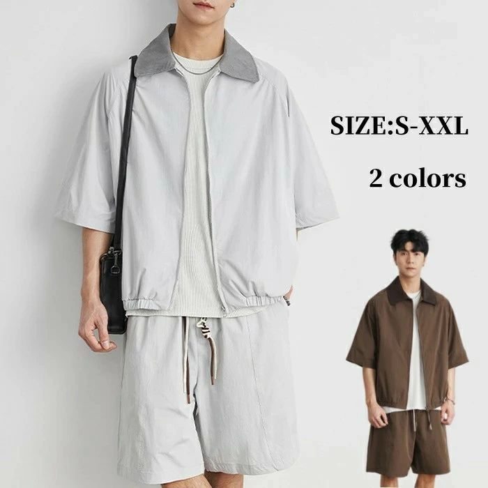 Rakuten - セットアップ 半袖シャツ ショートパンツ メンズ 切り替え柄 サマーセット チャック 上下セット カジュアル 軽量 通気性 涼しい 開襟シャツ スポーツウェア 夏服 男性 ファッション 部屋着 アウトドア S-XXL20代 30代 40代 50代 60代