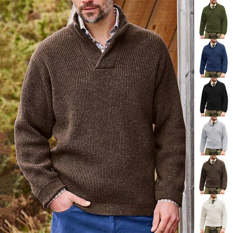 Knit Sweater - カジュアル Vネック メンズ 立ち襟 セーター 秋冬 暖かい 大きいサイズ ニット ニットセーター