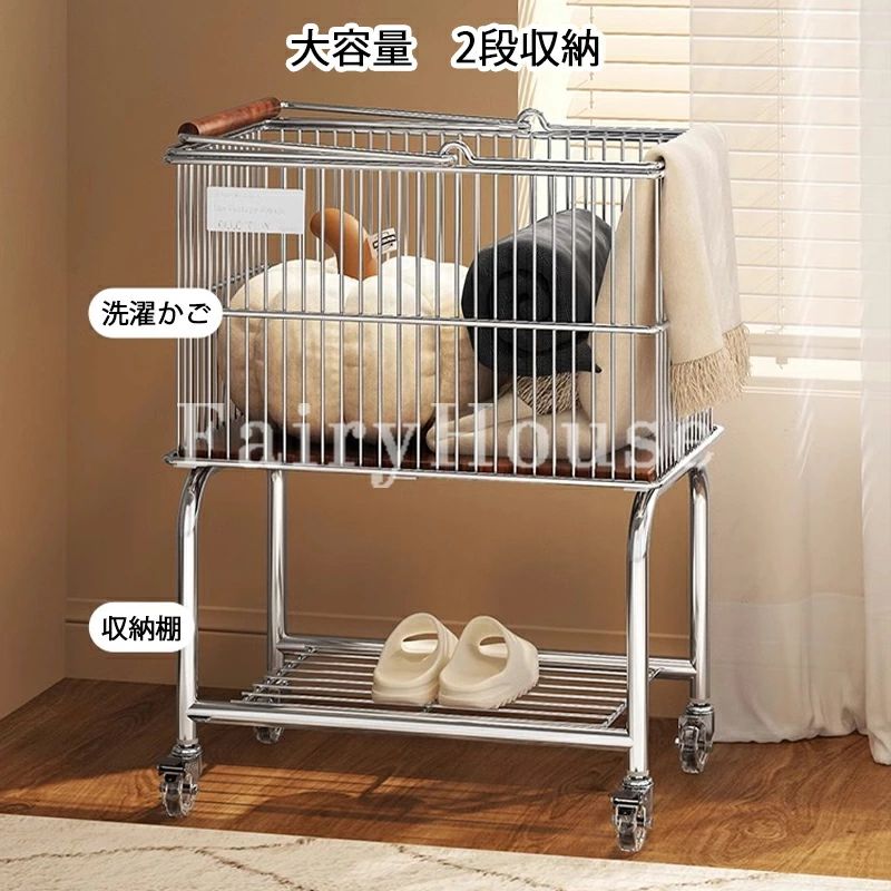 韓国インテリア 2段 ワイヤーバスケット 車輪付き 分離可能 かご オールディーハンドルトロリー 一人暮らし 下段収納棚 ランドリーラック 洗濯かご ランドリーバスケット 大容量 収納 ランドリーワゴン ランドリー収納 新生活 洗濯物入れ キャスター付き