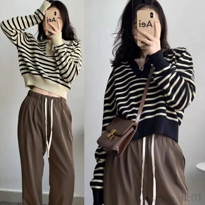 【送料無料】可愛い 大人 長袖 ショート丈 カジュアル きれいめ レディース カットソー Vネック ボーダー ニット トップス