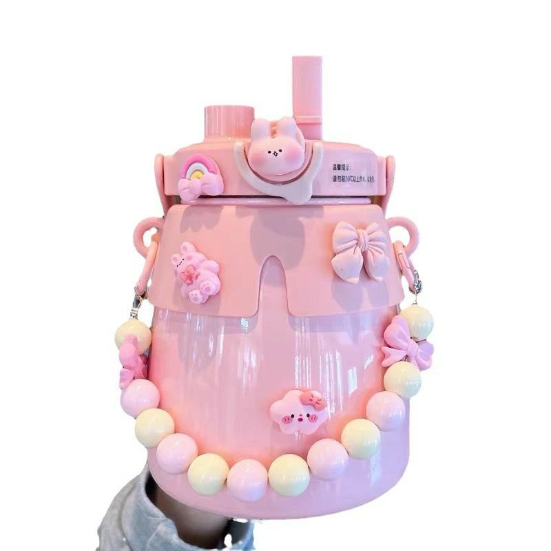 大容量 ウォーターボトル 女の子用保温カップ子供用携帯水筒ストローカップ スポーツ ストロー付き 漏れ防止 ワンタッチオープン 保冷 おしゃれ 直飲み 【シール付き】水筒 ステンレスボトル 洗いやすい マグボトル キッズ 保温 かわいい ギフト