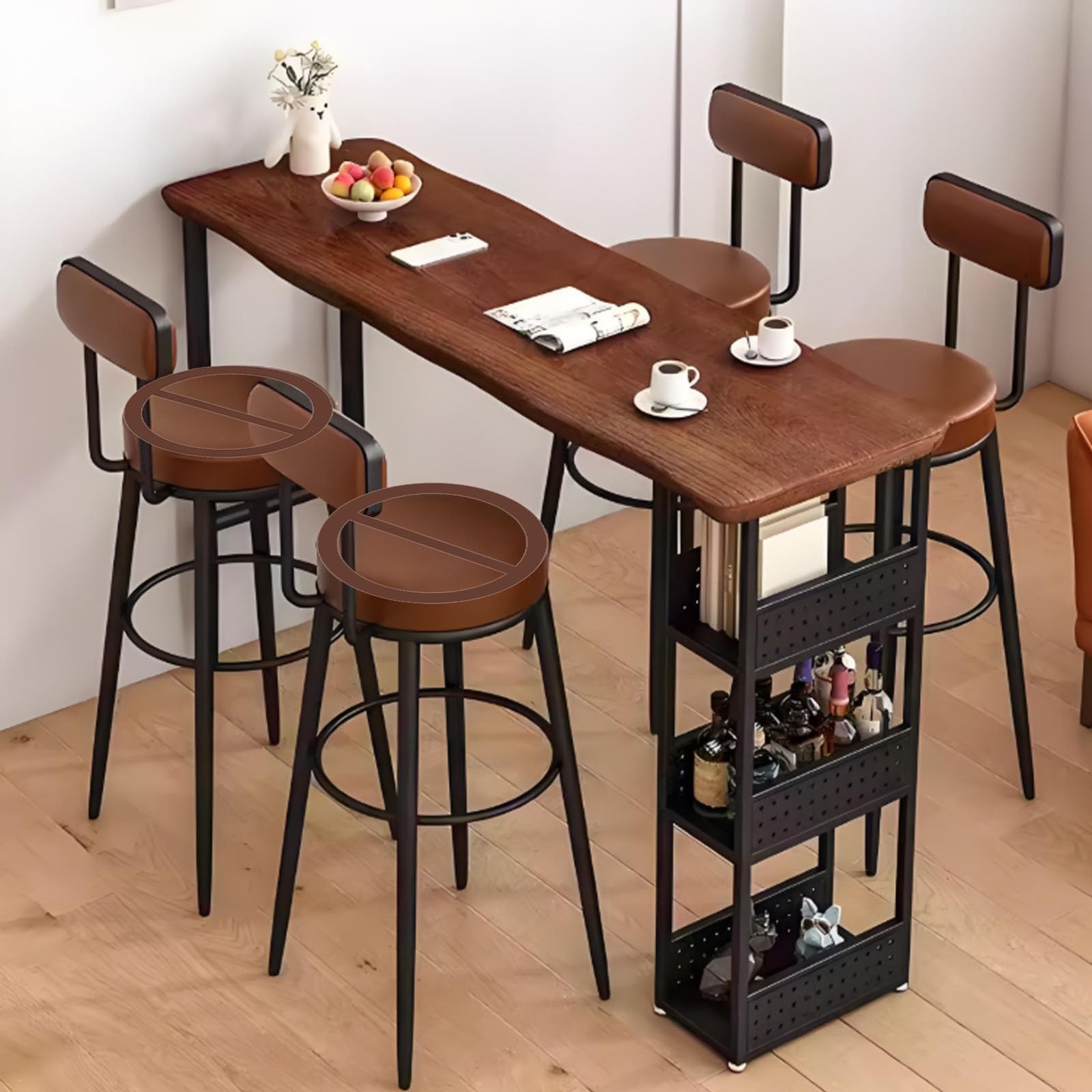 カウンターテーブル ロングテーブル ダイニングテーブル テーブル 収納付きバーテーブル 作業台 無垢材 大型デスクトップ 多層収納テーブル脚 耐荷重補強 厚み50mmの天然木 高さ105cm 錬鉄脚 スタイリッシュ 組み立て簡単 家庭用、バーに適しています