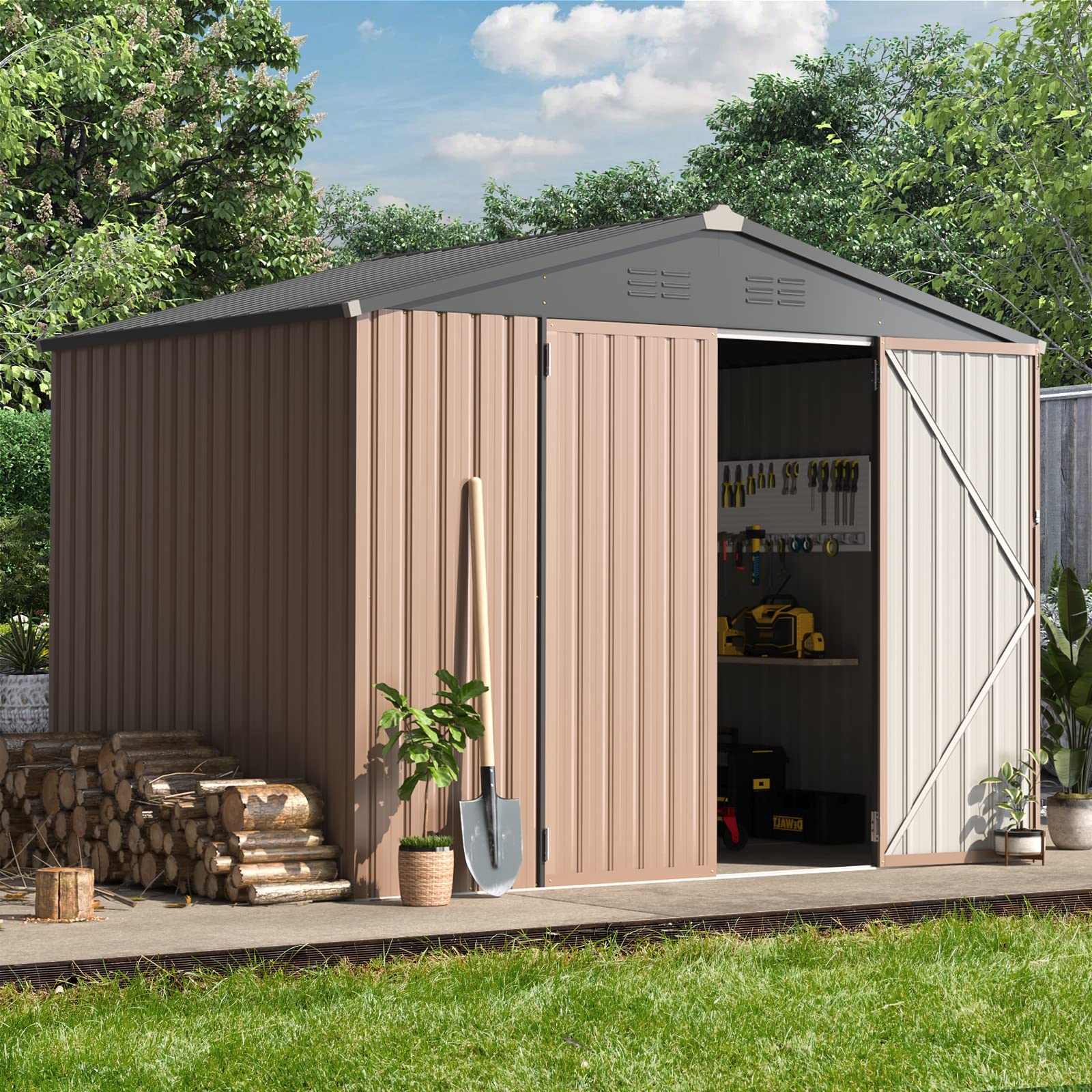 樂天商城 - 6x4フィート 屋外収納小屋 ロック可能な自転車小屋 庭の小屋 裏庭 テラス 芝生用の道具小屋