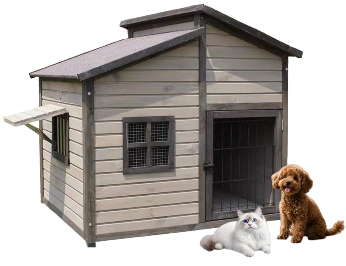 犬小屋 猫 ハウス ペットハウス 無垢材 ペットハウス 犬舎 84*74*80.5cm 屋根とドア窓付き ドッグハウス 通気性 日焼け対策 防風 防雨 安定性と耐久性 組立簡単 小型犬 中型犬 大型犬 家庭 テラス 裏庭 室内 屋外