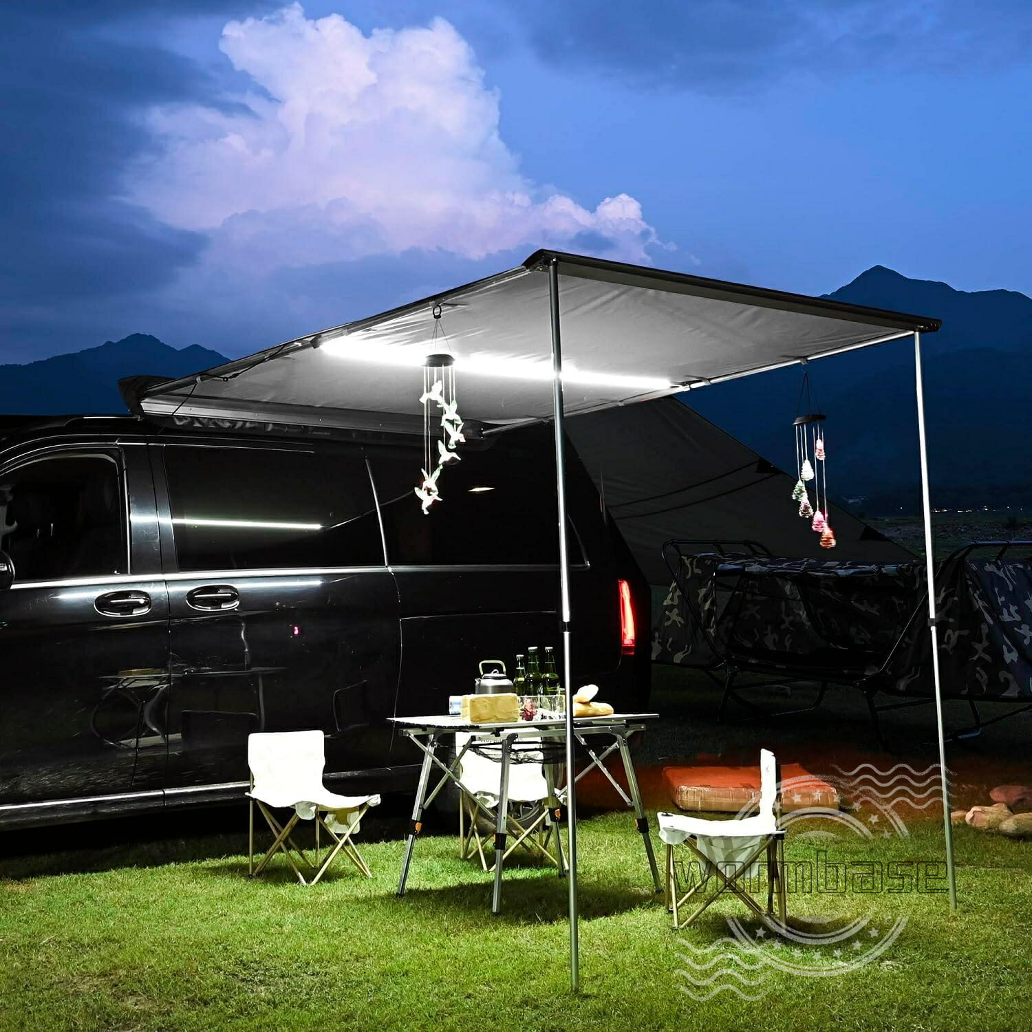 車用サイドオーニング カーサイドテント照明付き 防風 防雨 多機能 防水車用タープ 組立簡単 持ち運び..