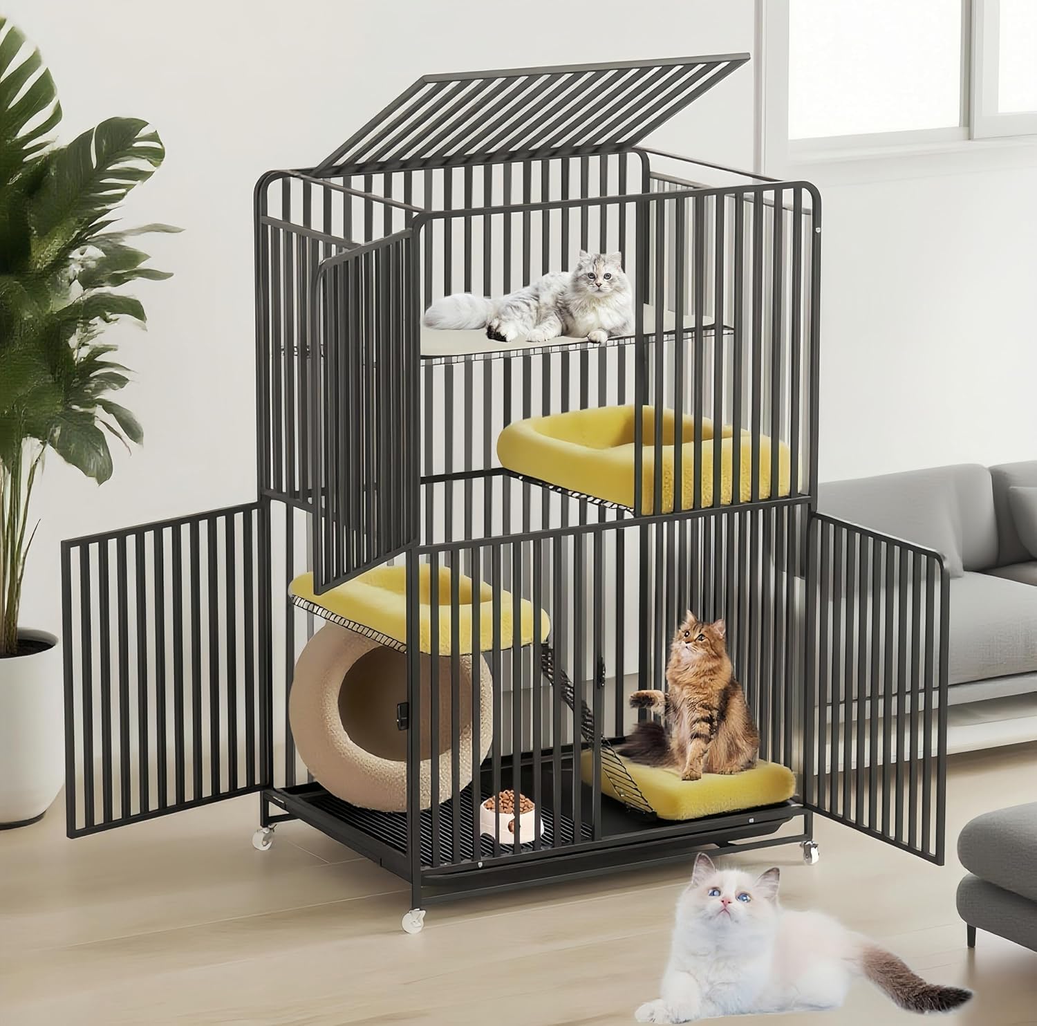 【丈夫な素材】猫ゲージは高品質の金属で作られ、頑丈で耐摩耗性があり、枠には太めの角パイプを採用。安定性と耐久性を両立し、猫 ケージ 室内用 として安心の仕様です。サビにも強く室外室内両方に兼用します。塗装やホルムアルデヒドもなく、安全で環境...