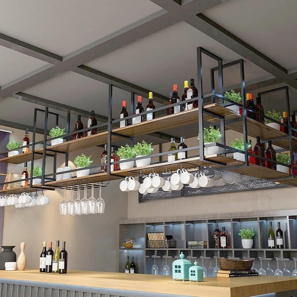 【10％OFF!12月楽天スーパーSALE】天井ラック 吊り下げ収納棚 - 天井ワイングラスラック、鉄無垢材ワイ..