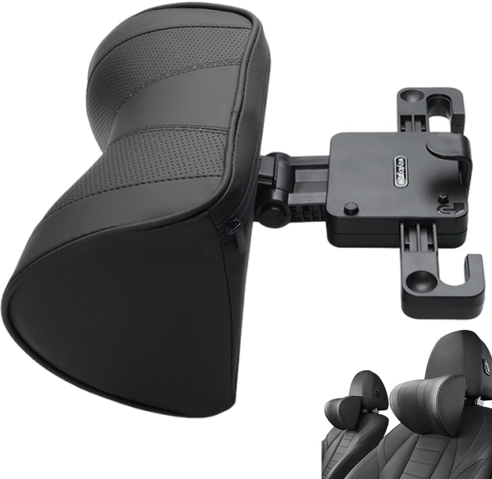 車ヘッドレスト ネックパッド 車 首 クッション 調節可能180°の頭と首のサポート、人間工学に基づいたデザイン、革素材、短距離および長距離の旅行に快適、旅行中の睡眠に必須
