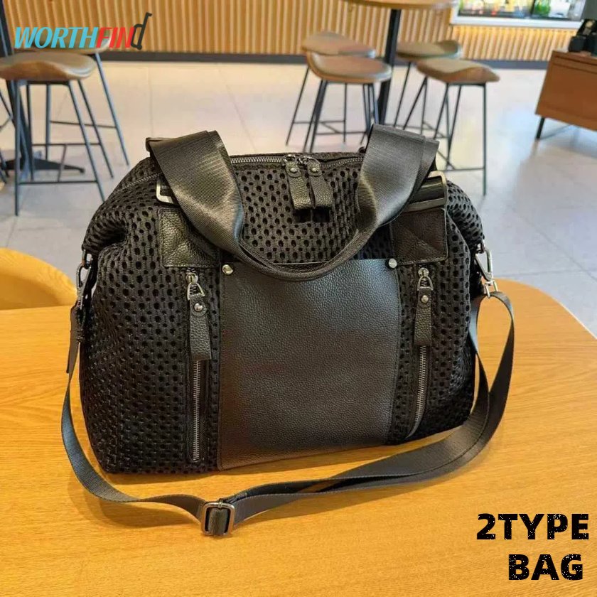 樂天商城 - メッシュ トートバッグ ショルダーバッグ 3way ナイロン 牛革 デニム 斜め掛け 肩がけ 撥水加工 大容量 無地 A4 旅行バッグ 修学旅行 かわいい おしゃれ かっこいい 小旅行 1泊 普段使い 軽量 ママバッグ トートバッグ 大容量 上質 ブラック 通勤 出張