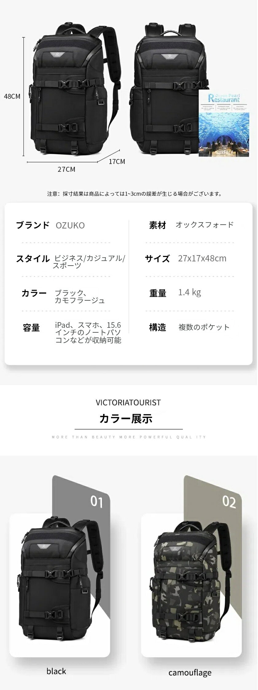 OZUKO ビジネスリュック メンズ バックパック ショルダーバック リュックサック リュックパソコン キャリングバッグ 撥水加工 pc収納 通勤リュック パソコンリュック メンズ 大容量 旅行鞄 多機能 通勤 通学 出張 大容量リュック 男女兼用 worthfind-10008356 WORTHFIND サンプル画像3