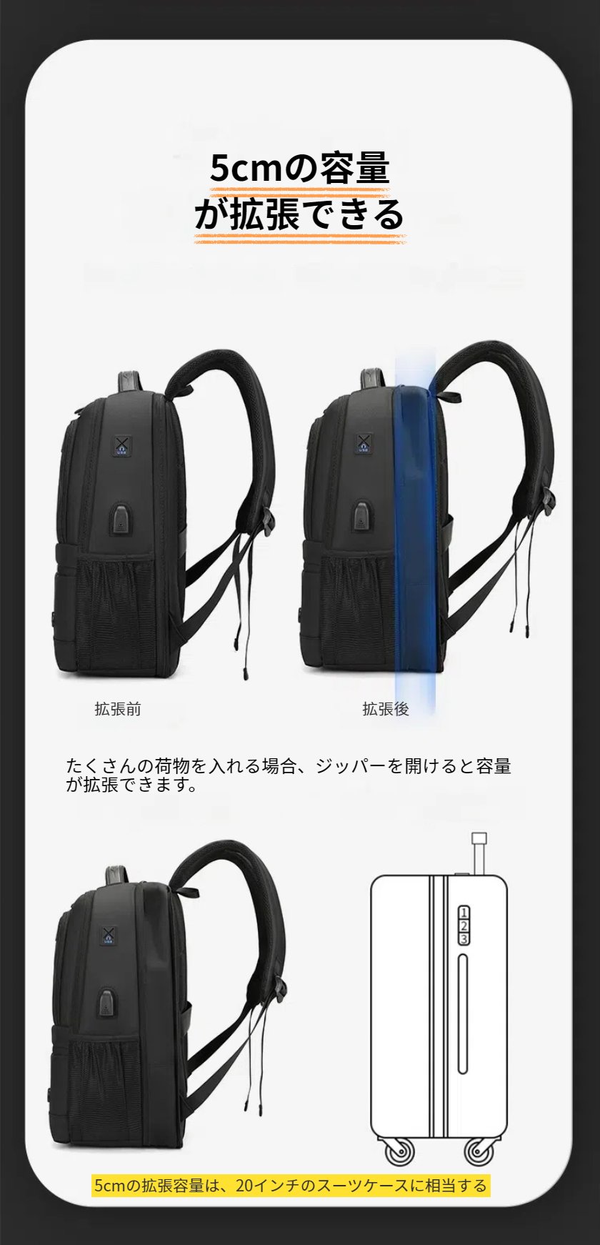 一部＼最短当日発送／WE POWER リュックサック メンズ バックパック 拡張可 USB充電 pcリュック キャリングバッグ イヤホンコード穴付き リュックパソコン 撥水加工 pc収納 通勤リュック パソコンリュック メンズ 大容量 旅行鞄 多機能 通勤 通学 大容量リュック 男女兼用 worthfind-10008758 WORTHFIND サンプル画像3