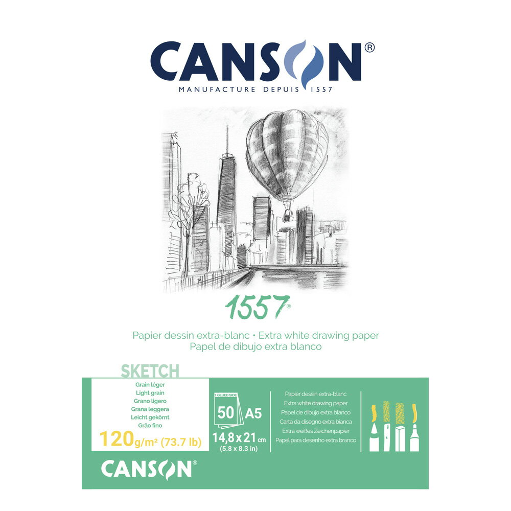 モンゴルフィエ(Montgolfier)兄弟がCanson&reg;を設立した年にちなんで名づけられた「1557」は、 習作、スケッチ、デッサンなどに最適な紙肌です。 【特長】 ・αセルロース100%です。 ・繊細な紙肌は習作、スケッチ、デッサンなどに最適です。 ・サイジング処理が施されているので、消しゴムなどへの耐久性があります。 ・紙色が非常に白く、コントラスト効果に適してます。 【商品仕様】 　本体サイズ:　A5　縦210×横148mm 　本文:　50枚 　用紙:　中性紙 120g/m2 　備考:　短辺側のりとじ　