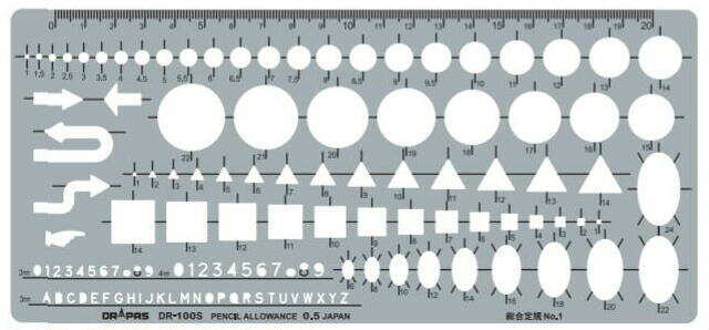 ドラパス S 型テンプレートは、徹底したコスト削減を追求し、無駄のない板寸法を決めております。 コストパフォーマンスの高い商品群です。 耐衝撃アクリル材・グレースモーク色・片面マット仕上。 ■縦105×横230×1.0mm ■円1～22mm ■三角1～14mm ■四角1～14mm ■楕円35°16' 6～24mm ■数字3mm・4mm ■英字3mm ■矢印記号4種　