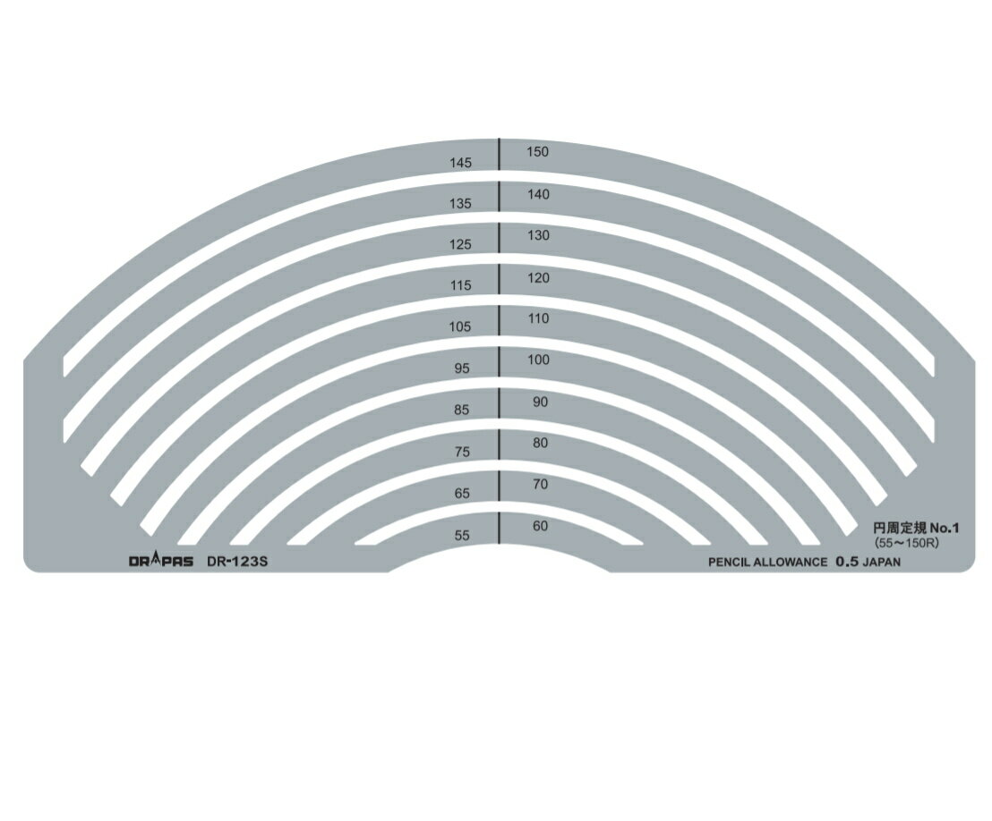 ドラパス S 型テンプレートは、徹底したコスト削減を追求し、無駄のない板寸法を決めております。 コストパフォーマンスの高い商品群です。 耐衝撃アクリル材・グレースモーク色・片面マット仕上。 ■縦105×横230×1.0mm ■円周55～150Rmm　