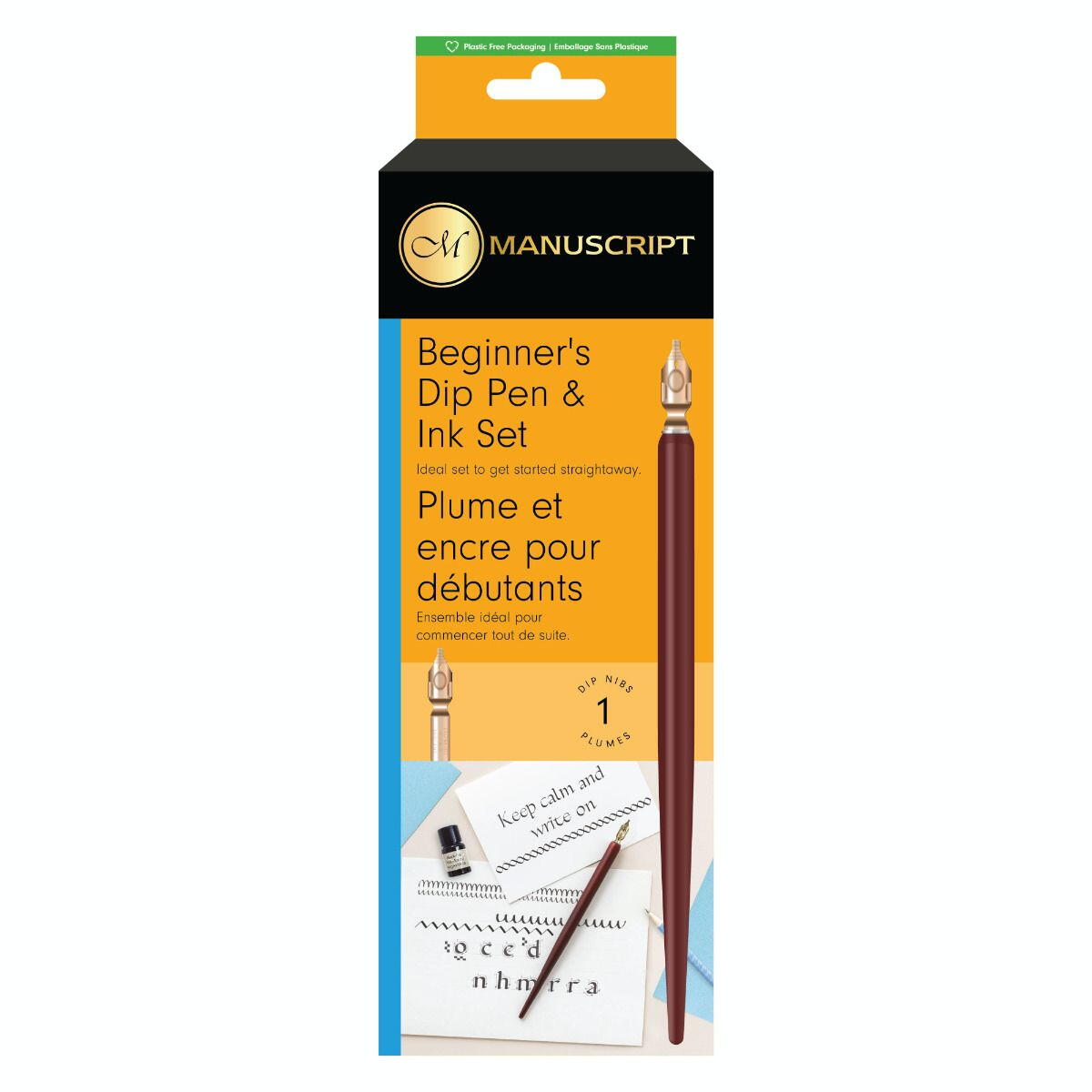 【その他Manuscript製品はこちら】 Manuscript は自社ブランドのカリグラフィー製品を世界中に販売するとともに、高級ペン、ギフト、文具業界で尊敬される数多くのブランドの英国代理店としても活動しているブランドです。 Beginner's Dip Pen & Ink Setはつけペン カリグラフィーを試すのに最適なスターター キットです。 英国製 Leonardt 丸型ペン先、つけペンホルダー、黒インクが付属しているので、すぐに使い始めることができます。 使用後は、腐食を防ぐためにペン先をよく洗って乾燥させてください。 100%リサイクル可能なボードを使用し、持続可能な未来を実現するプラスチックフリーのパッケージを採用しています。 【セット内容】 ■ストレートホルダー　1本 ■ブラックインク　1本 ■ニブ　1本（45607）　