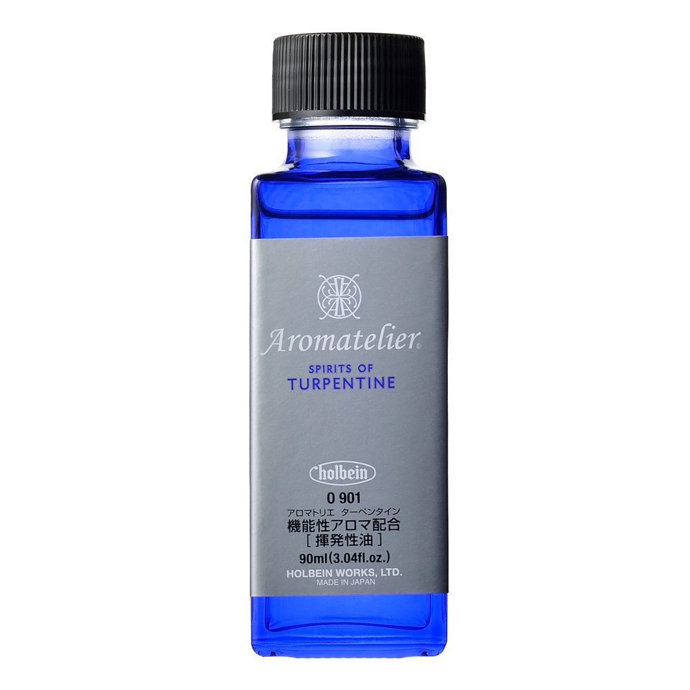 【アロマトリエシリーズ】 松の樹脂（松やに）より蒸留精製した揮発性溶剤に機能性アロマを加えた溶剤。 使用方法はターペンタインと同じだが、画面から蒸発する機能性アロマ成分には高い覚醒効果が期待され、創造性豊かな作品制作を支援してくれる。 ■外観：無色透明液体 ■主用途：油絵の具・画溶液の希釈、ワニス自製時の溶媒 ■成分：テレピン油、アロマ成分 ■酸価：156~200℃ ■引火点：31℃ ■シリーズ：MA