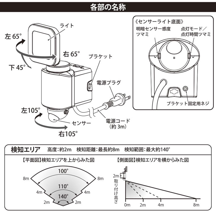 LED防犯センサーライト1灯式　ACコンセントタイプ　LS-A160W1　07-8808　（LSA160W...