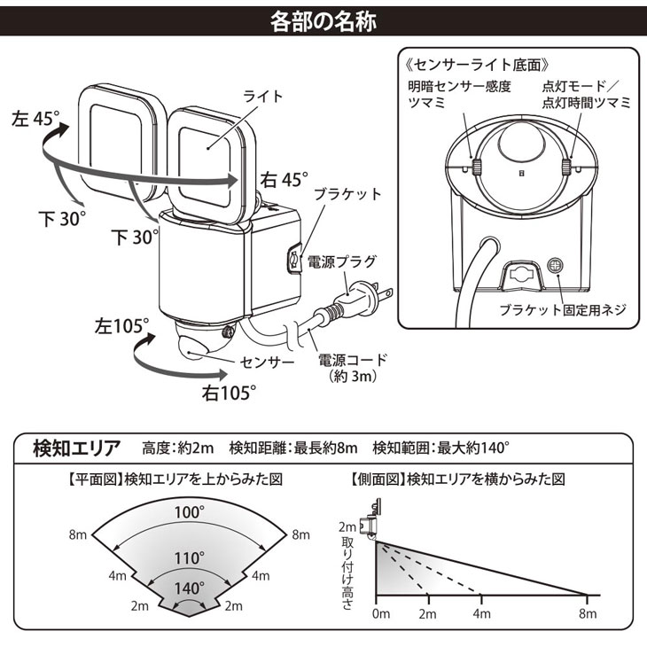 LED防犯センサーライト2灯式　ACコンセントタイプ　LS-A320W2　07-8809　（LSA320W...