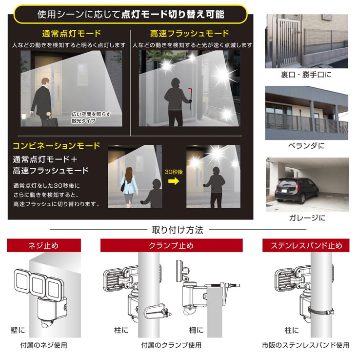 LED防犯センサーライト3灯式　ACコンセントタイプ　LS-A450W3　07-8810　（LSA450W...