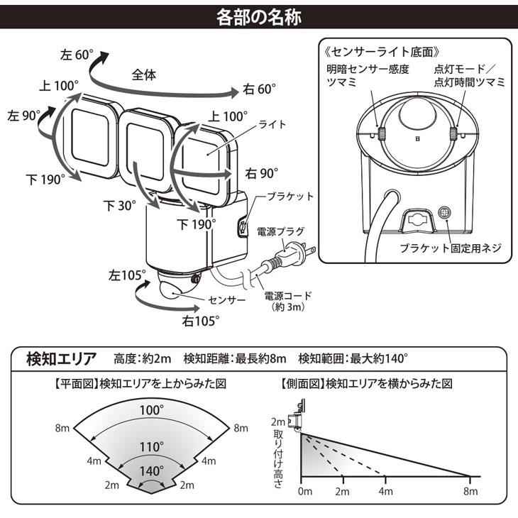 LED防犯センサーライト3灯式　ACコンセントタイプ　LS-A450W3　07-8810　（LSA450W...