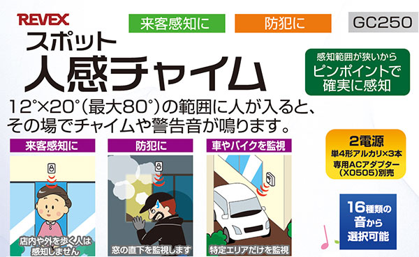 狭い感知範囲でピンポイントに動作させたい場所に最適なスポット人感チャイム　GC250　（人感 センサー LED アラーム 警告 gc-250）