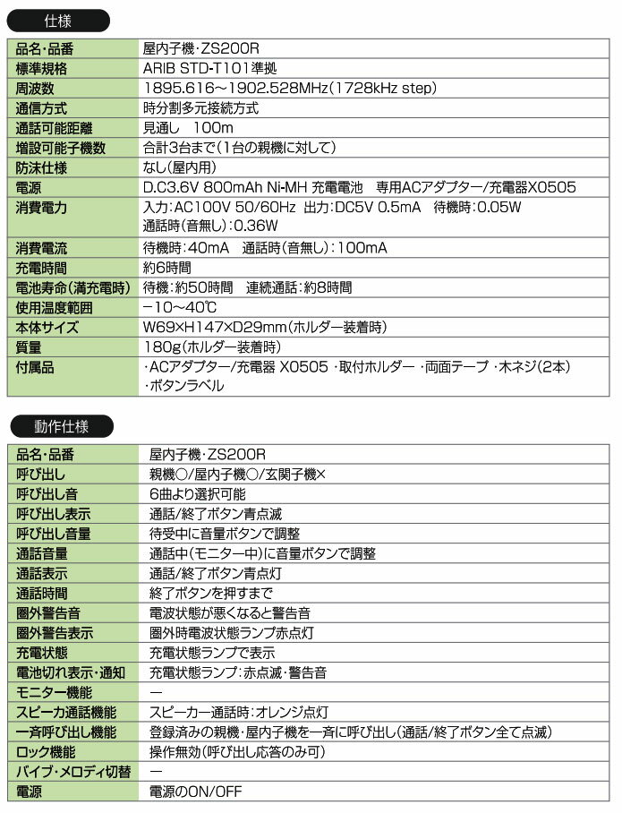 ワイヤレストークシリーズ用　増設用室内子機　ZS200R　最大2台増設可能　（zs-200r 通話 内線 無線 インターホン　ycx） 2