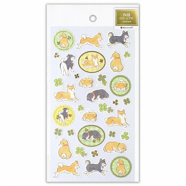 筆タッチで動物たちを優しく描いたシリーズ。 しば犬のほっこりするような可愛らしい表情にこだわった、風合いのある和紙に金箔押し加工が輝く和風シールです。 ●サイズ：縦165×横90mm ●素材：和紙 ●金箔押し ●透明台紙