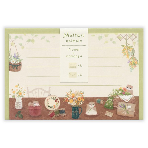 まったりとそれぞれの時間を楽しむ動物達に癒されるシリーズです。 気軽にお使いいただけるサイズのミニレターです。 ●サイズ：横98×縦148mm ●内容：便箋8枚（ヨコ4行罫）封筒4枚（洋形3号封筒）